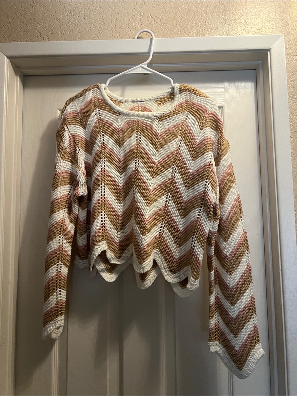 Striped Chevron Knit Sweater in White, Tan & Dusty Pink